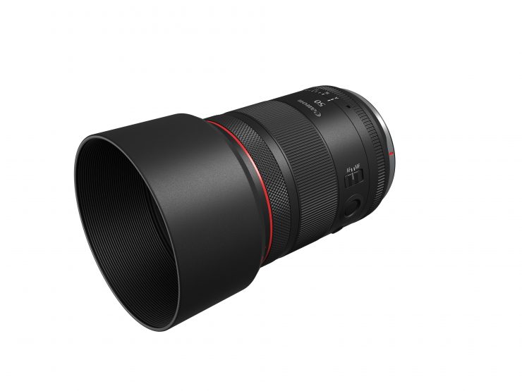 RF 50mm f1 4L VCM Front Slant with hood